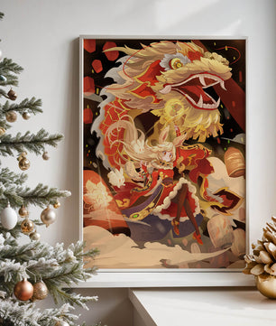 Personnage dynamique avec dragon et lanternes dans une œuvre d'art animée et vibrante
