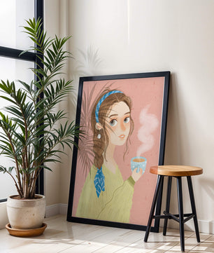 Illustration d'une fille avec un bandeau tenant une tasse fumante