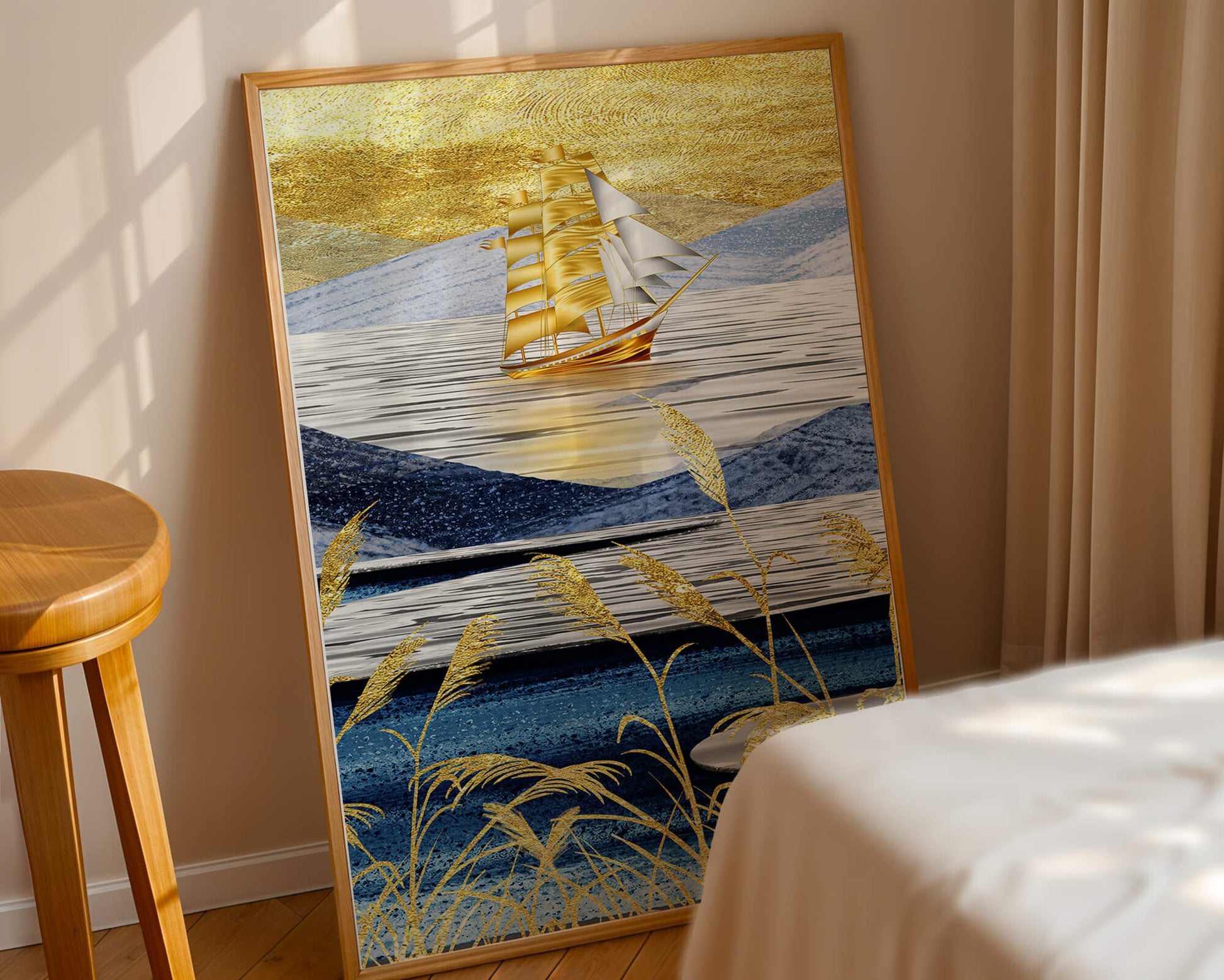 Golden Sailboat on Blue and Gold Landscape