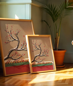 Illustration of blooming plum branch over traditional rooftop