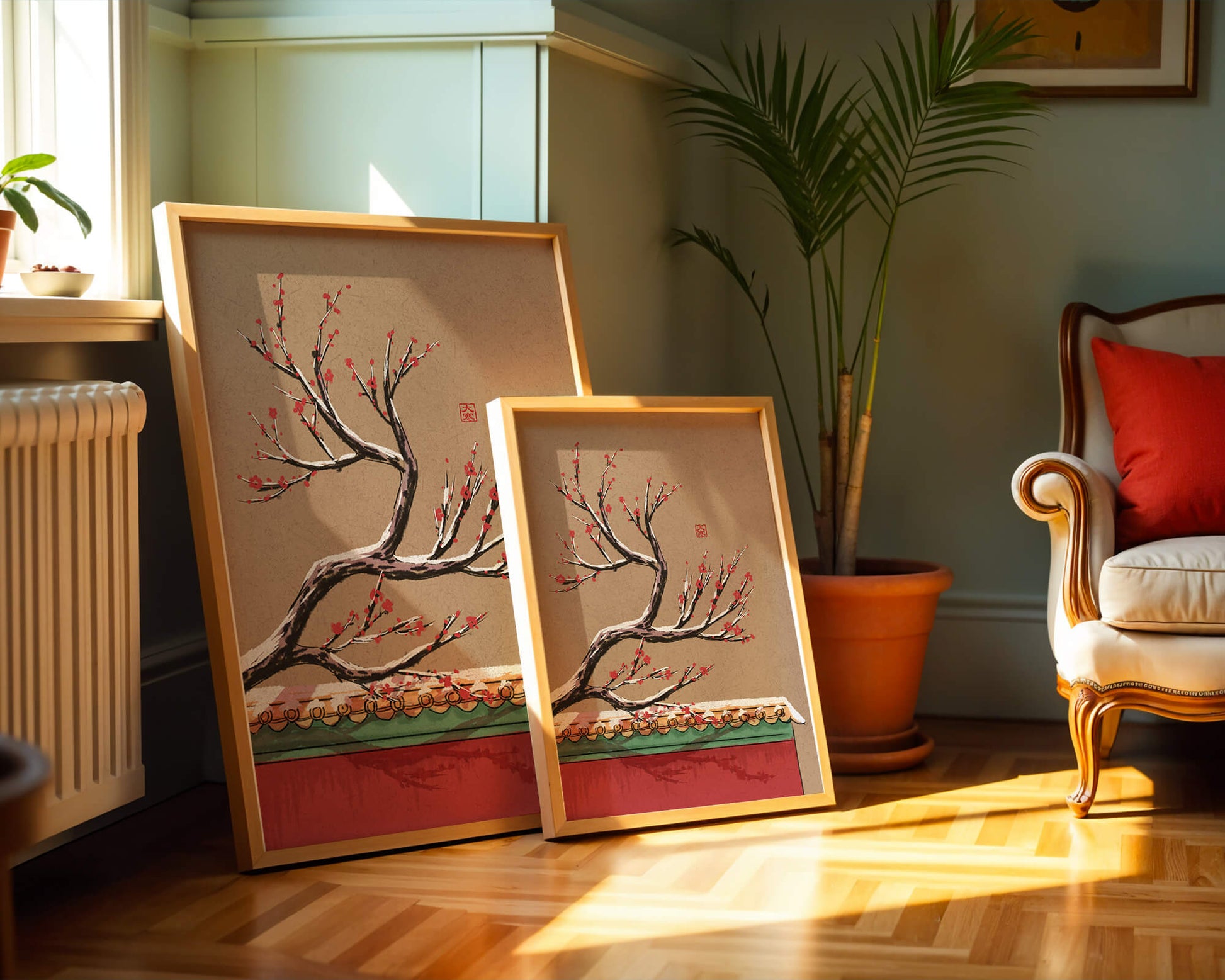 Illustration of blooming plum branch over traditional rooftop