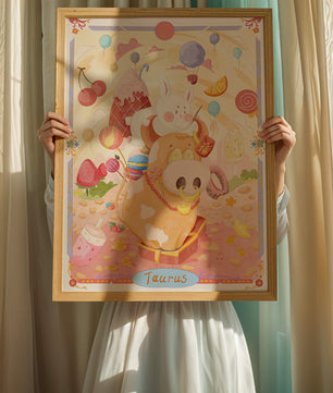 A whimsical Taurus zodiac illustration with playful animals and sweet treats