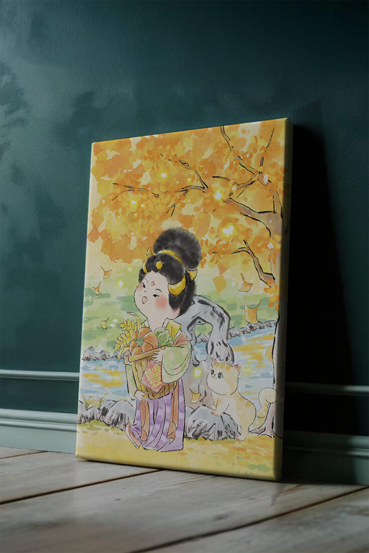 Charming watercolor scene of girl with basket in autumn setting