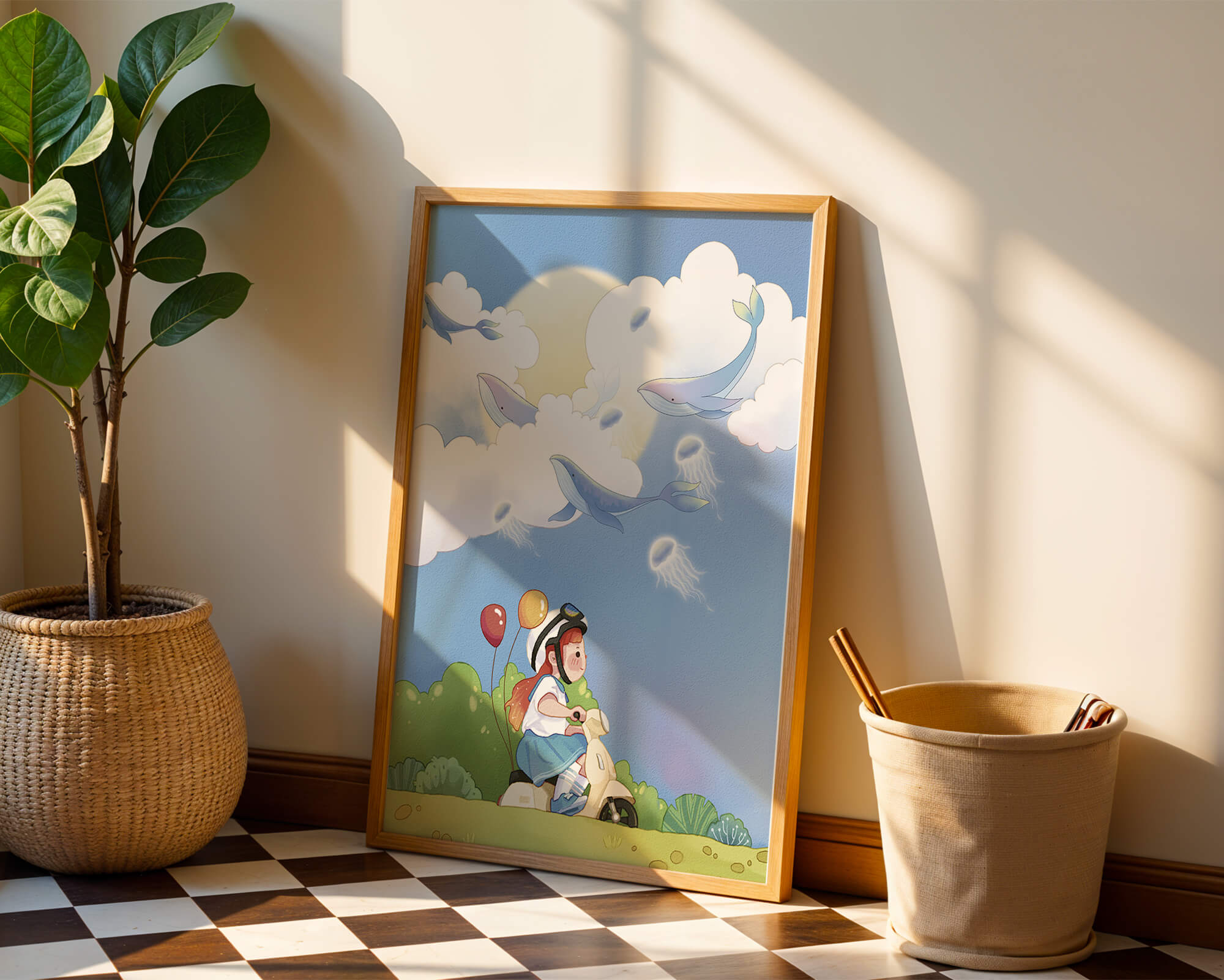 Whimsical illustration of a child riding a scooter with floating whales and balloons