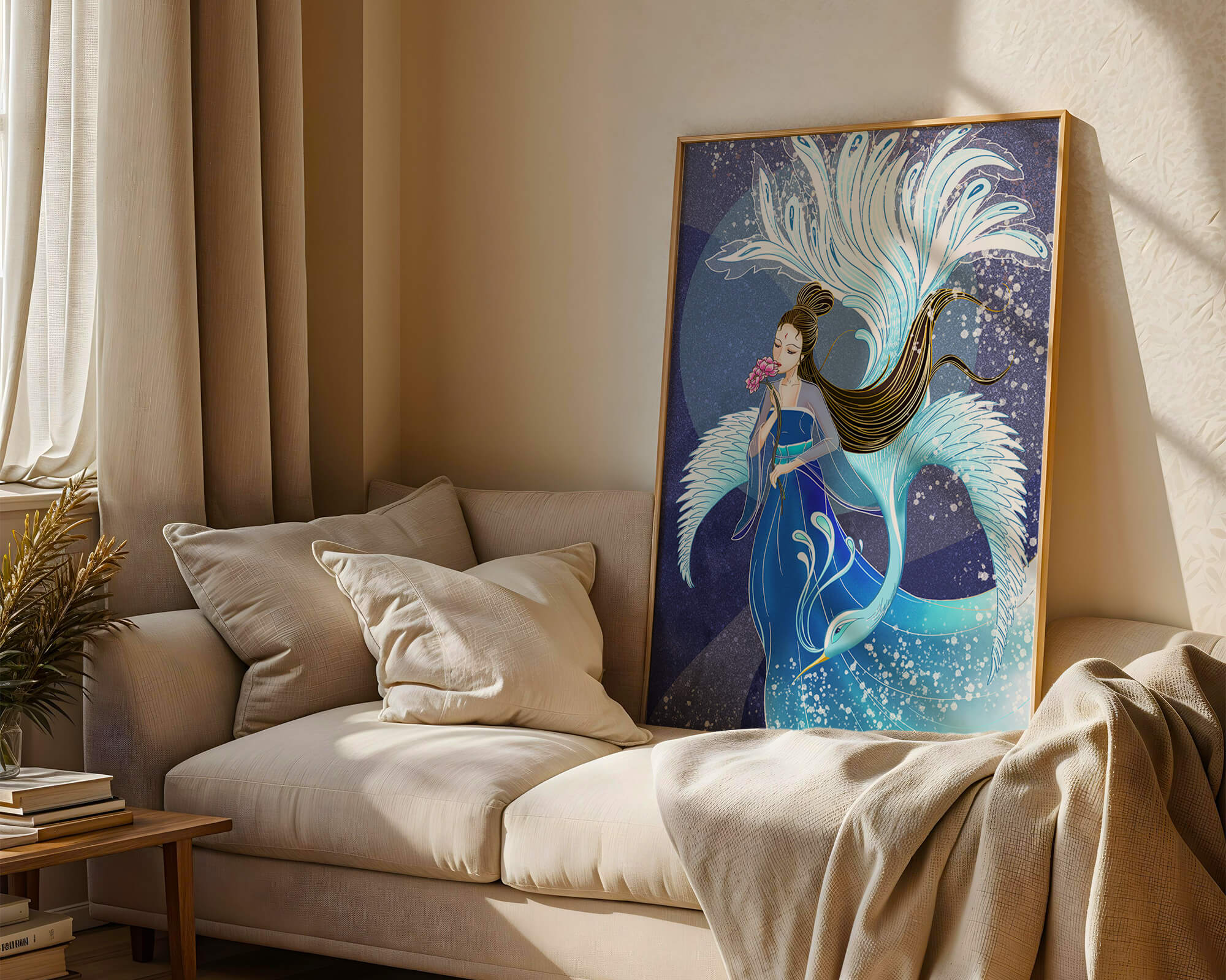 Elegant woman with floral motif and ethereal bird illustration