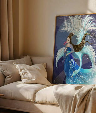 Elegant woman with floral motif and ethereal bird illustration