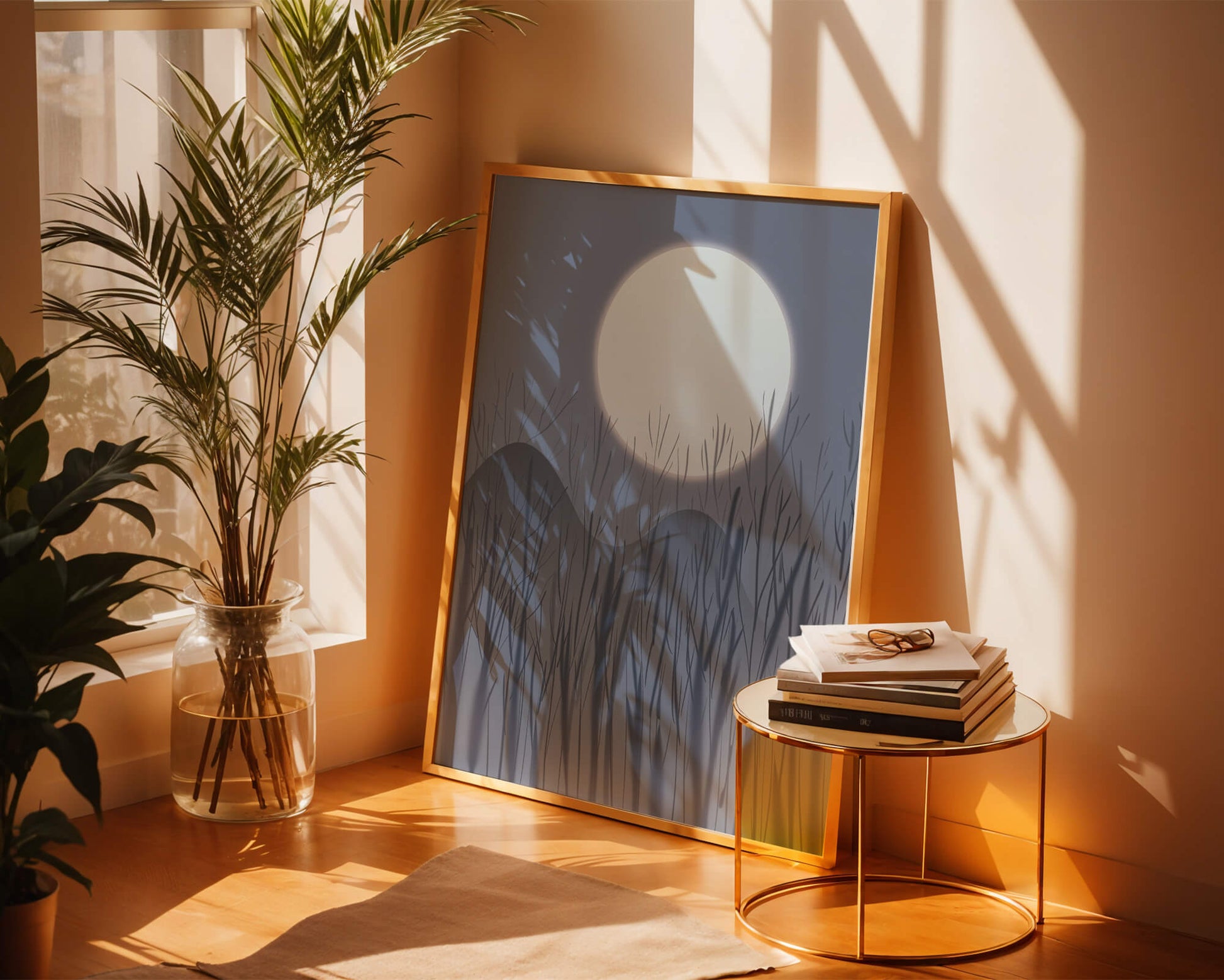 Ruhige Nachtlandschaft mit Vollmond und kahlen Bäumen