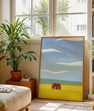 Minimalistic Landscape with House and Sky