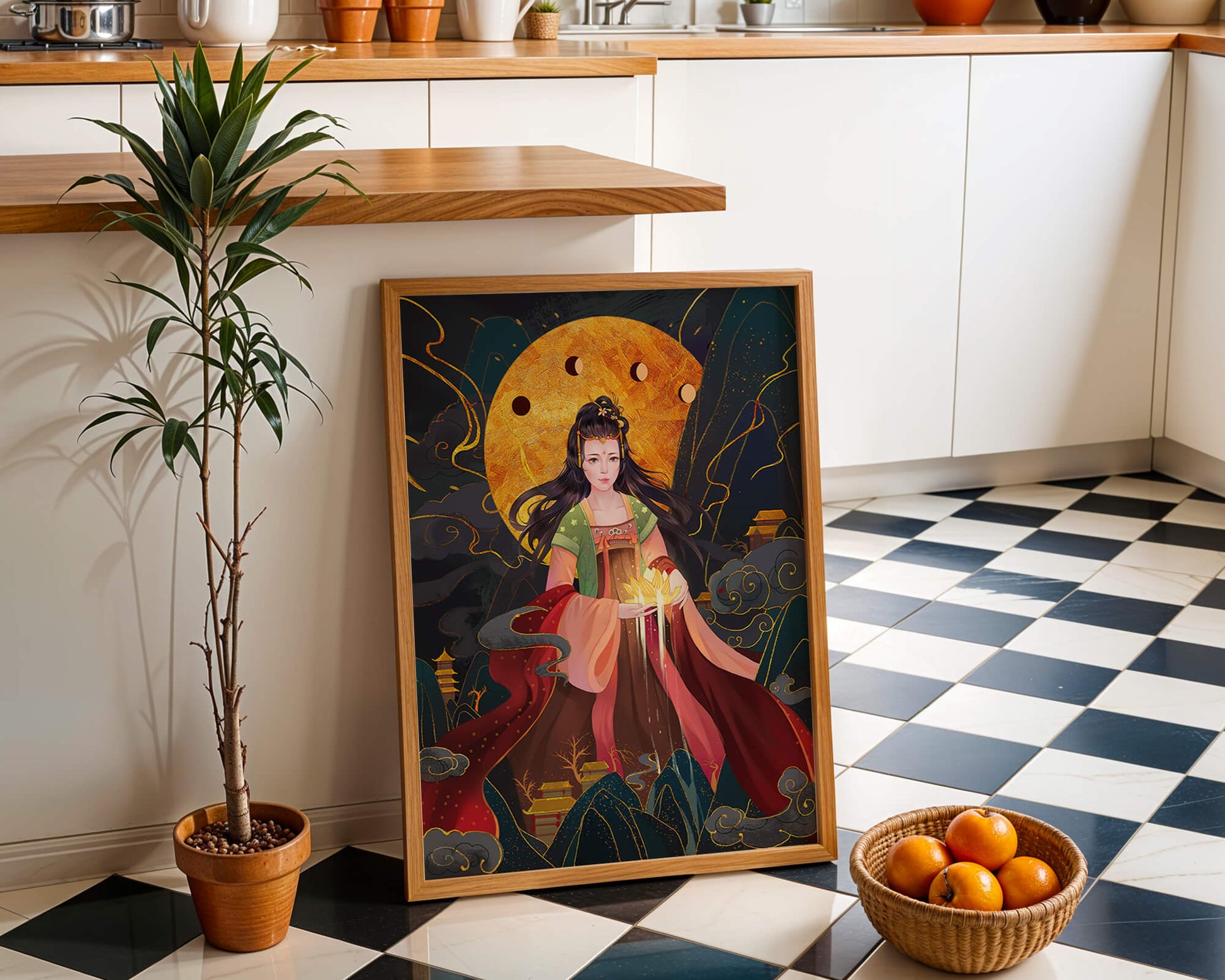 Elegante representación de una figura mítica con un fondo celestial dorado.