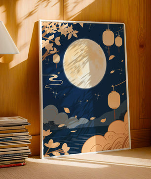 Full Moon Night with Lanterns and Falling Leaves in Tranquil Landscape