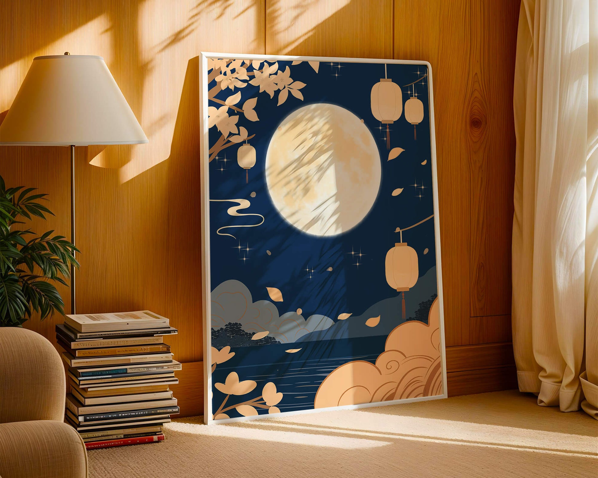 Full Moon Night with Lanterns and Falling Leaves in Tranquil Landscape