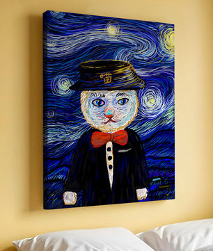 Whimsical cat character against starry night sky background