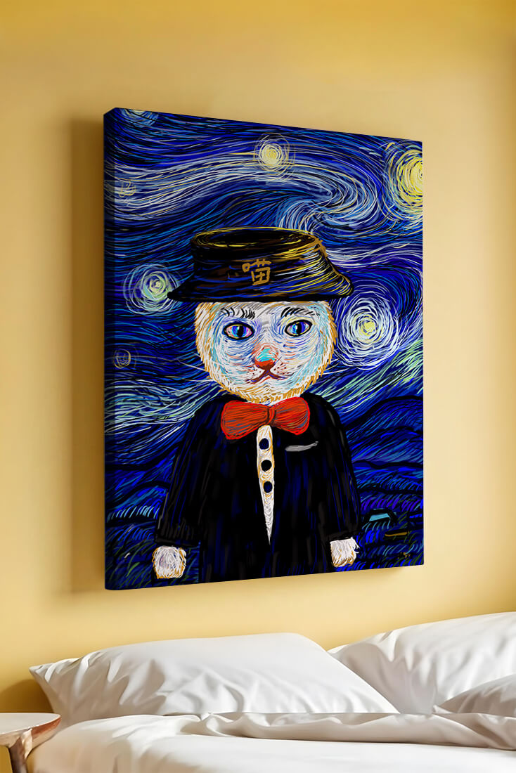 Whimsical cat character against starry night sky background
