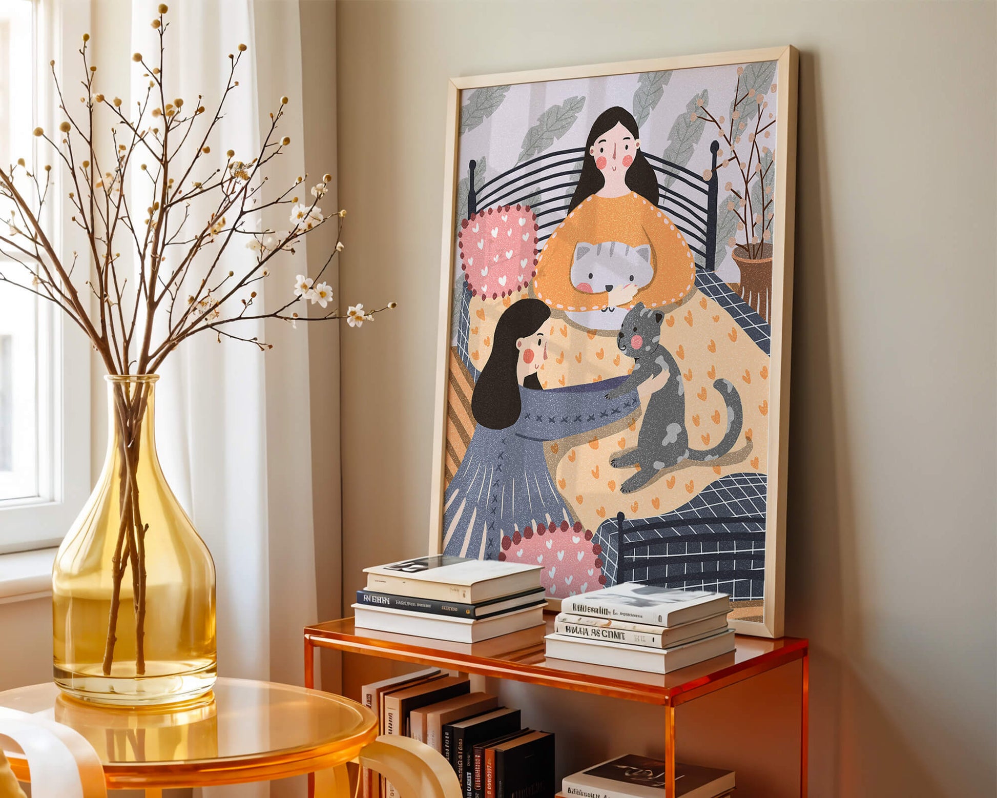 Escena interior acogedora con mujeres, gatos y elementos decorativos