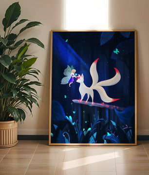 Enchanted forest with fairy and mystical creature under moonlit sky