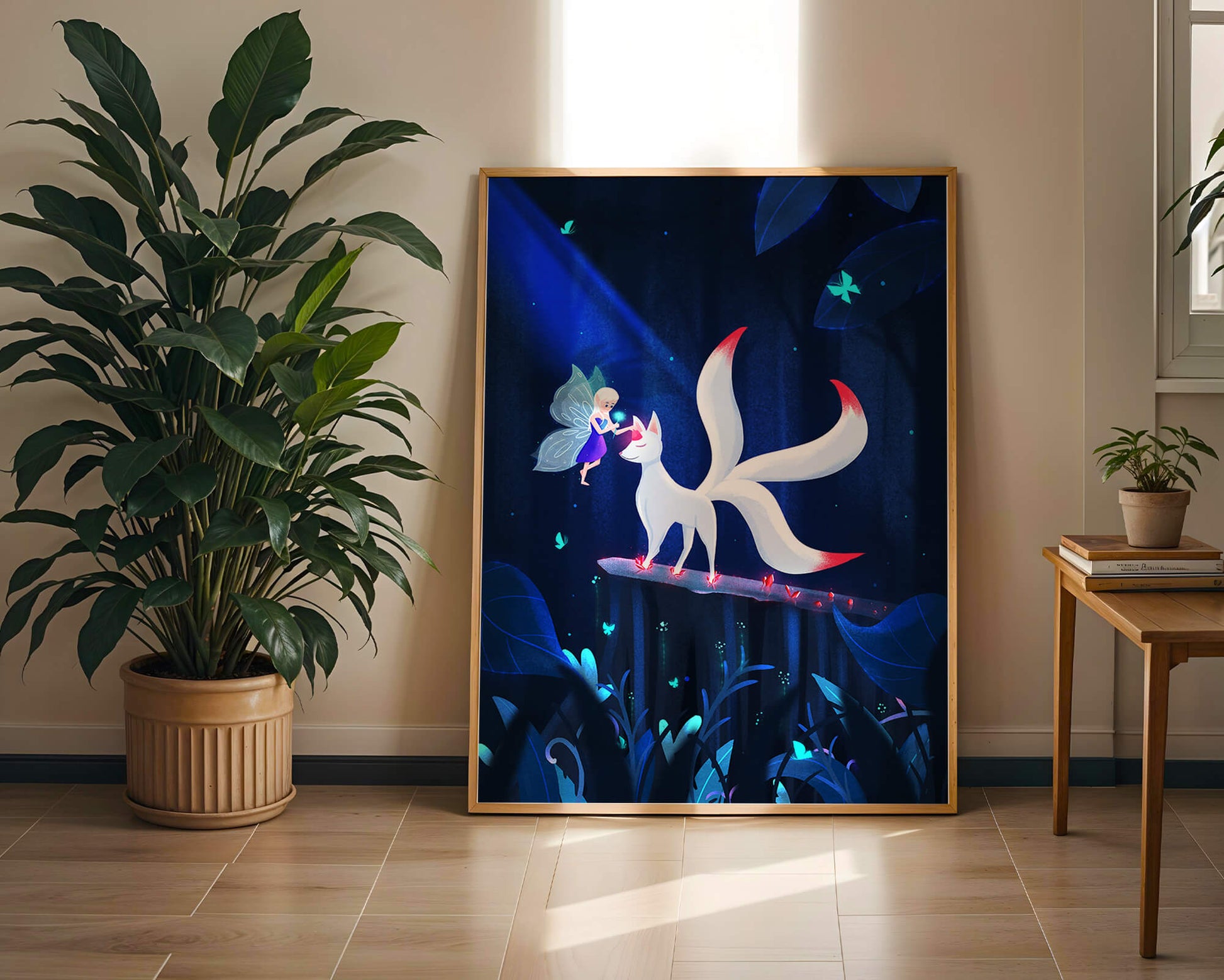 Enchanted forest with fairy and mystical creature under moonlit sky