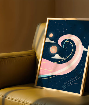 Cosmic Waves and Planets with Whimsical Pink Swirls and Stars - Mi tienda