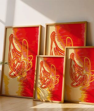 Abstract banana art with vibrant red and orange hues