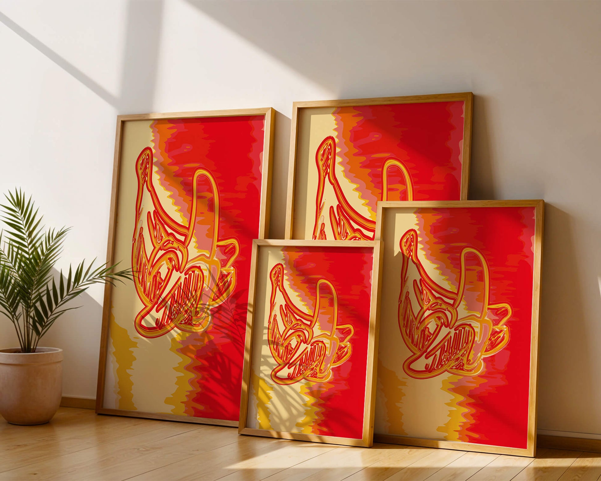 Abstract banana art with vibrant red and orange hues
