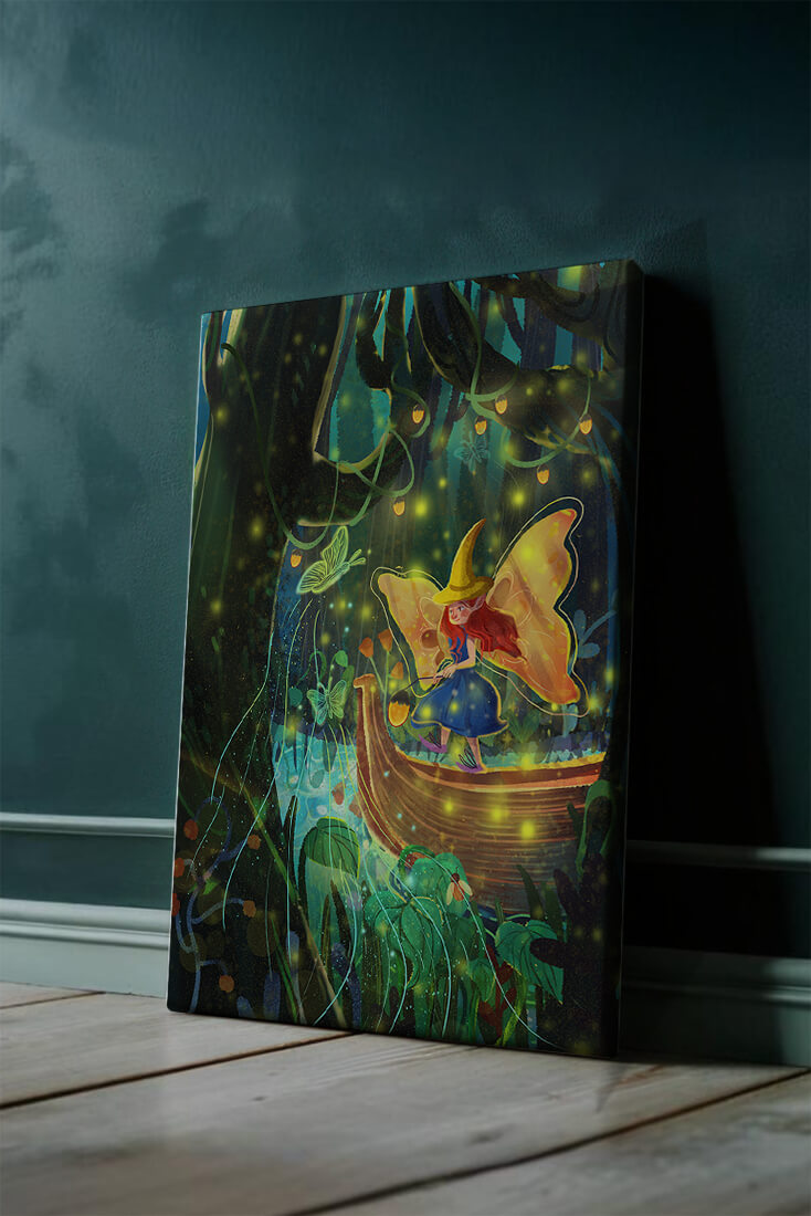 Fairy in an enchanted forest with glowing butterflies and lanterns