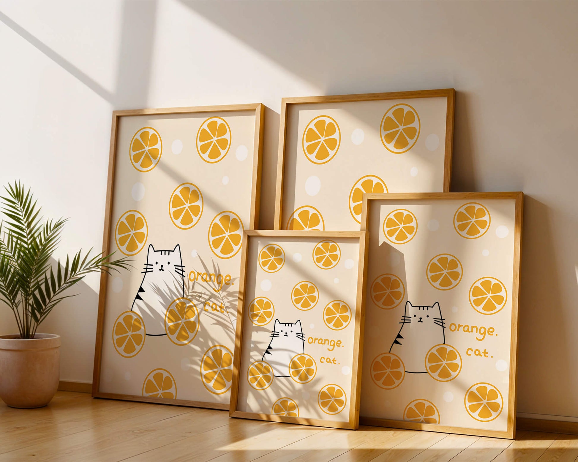 Playful illustration featuring a cat and orange slices