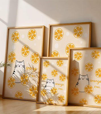 Playful illustration featuring a cat and orange slices