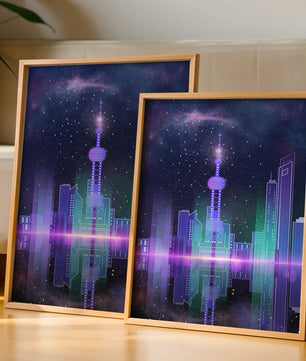 Futuristische Skyline mit leuchtenden Türmen unter sternenklarer Nacht