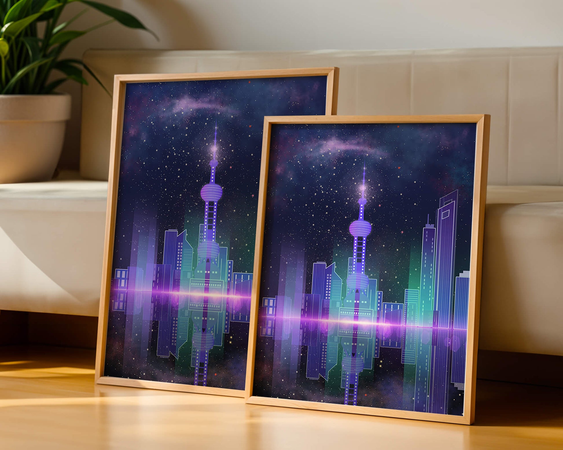 Futuristische Skyline mit leuchtenden Türmen unter sternenklarer Nacht