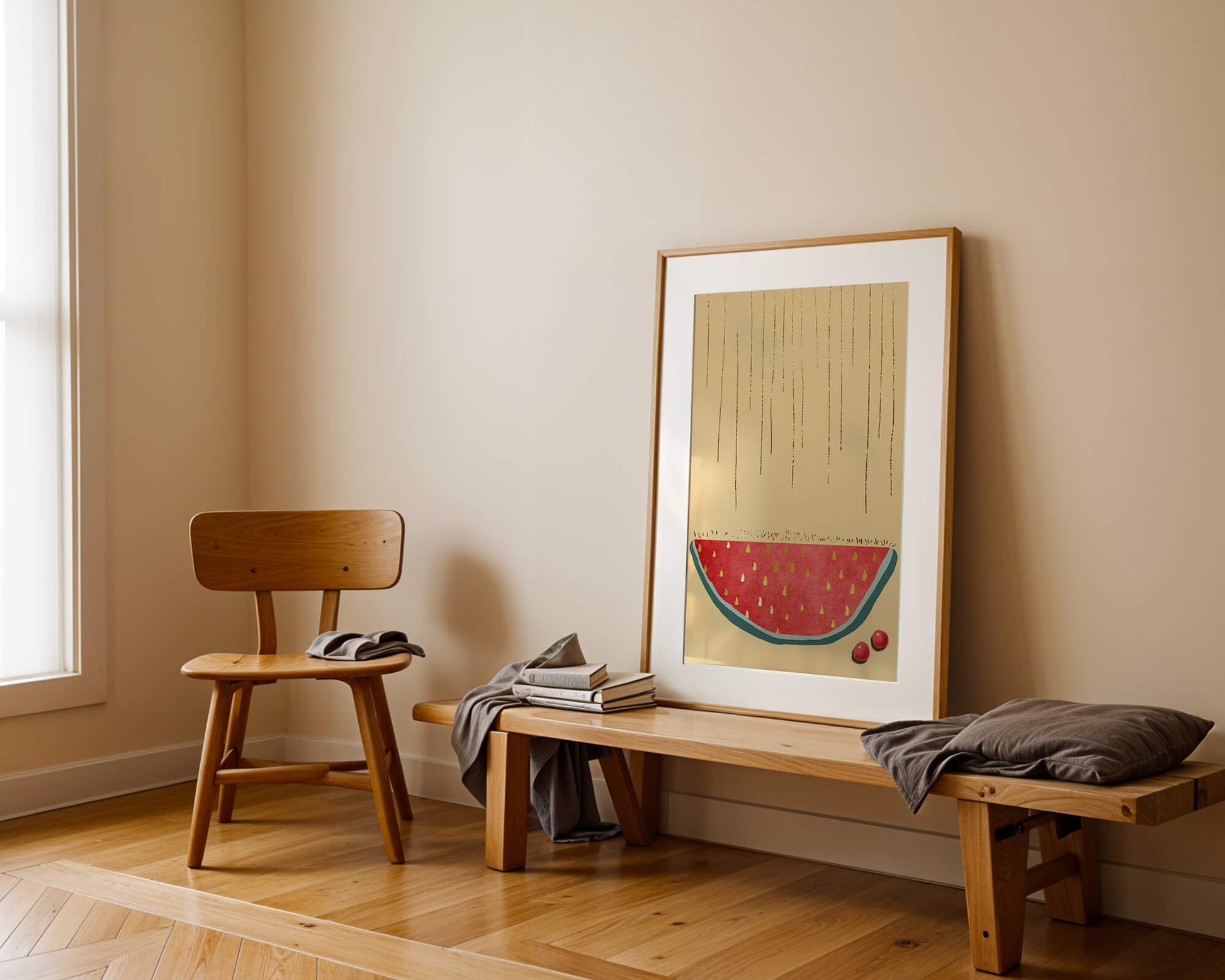 Abstract Watermelon Slice with Gold Accents on Minimalist Background