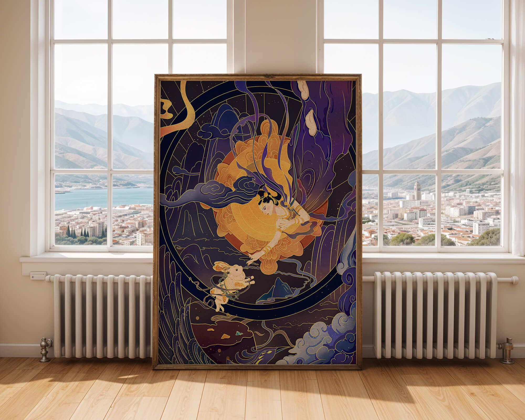 Elegant goddess reaching towards a celestial rabbit in a cosmic scene