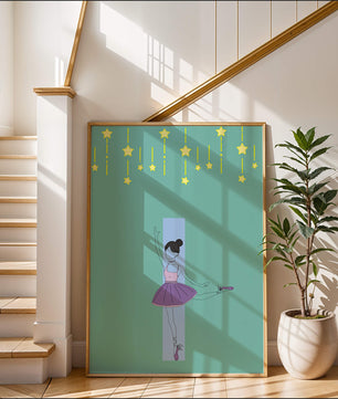 Elegant ballerina illustration with stars on a teal background