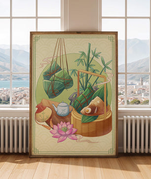 Traditional Asian tea set with bamboo and dumplings