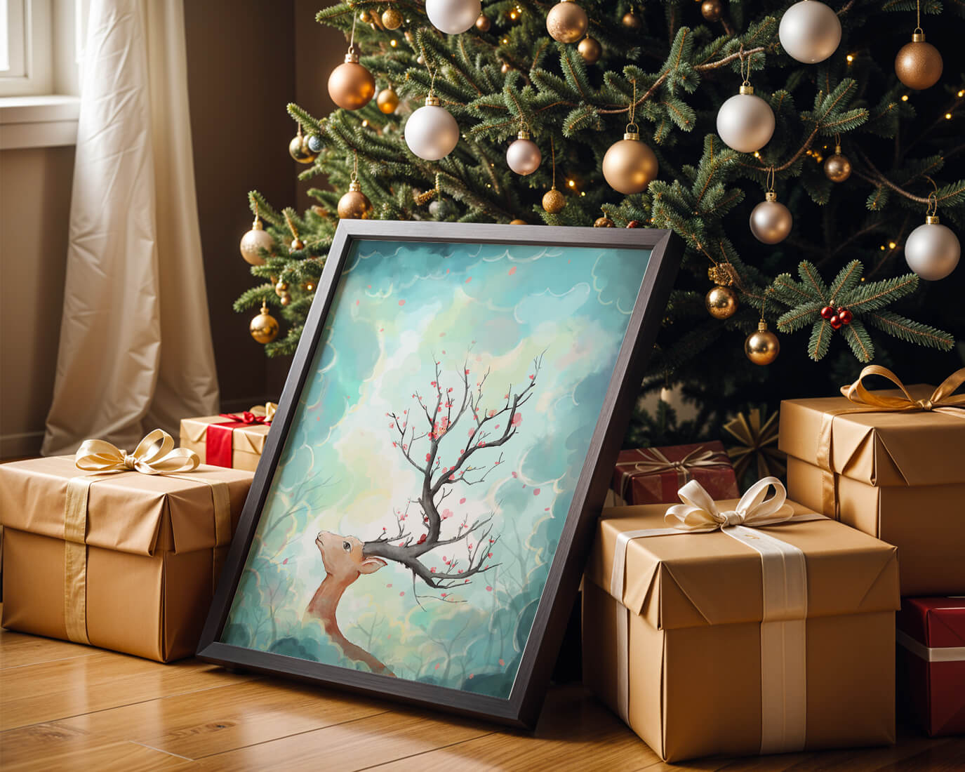 Surreal deer with branches for antlers in a pastel cloudy background
