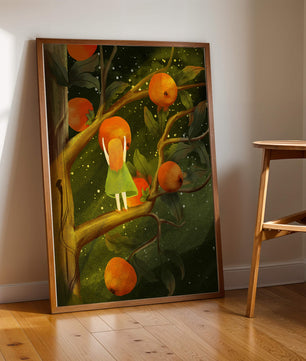 Little Girl Picking Oranges on a Starry Night
