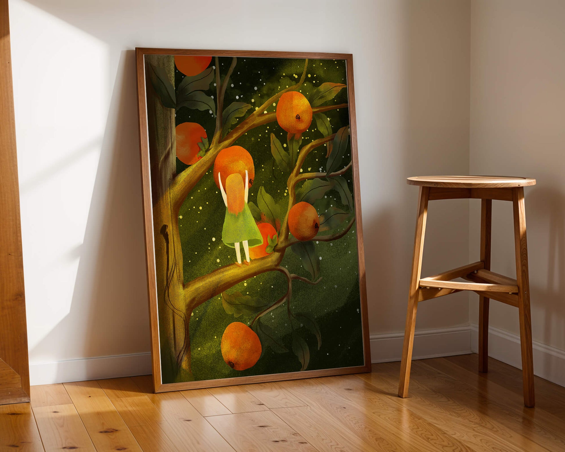 Little Girl Picking Oranges on a Starry Night