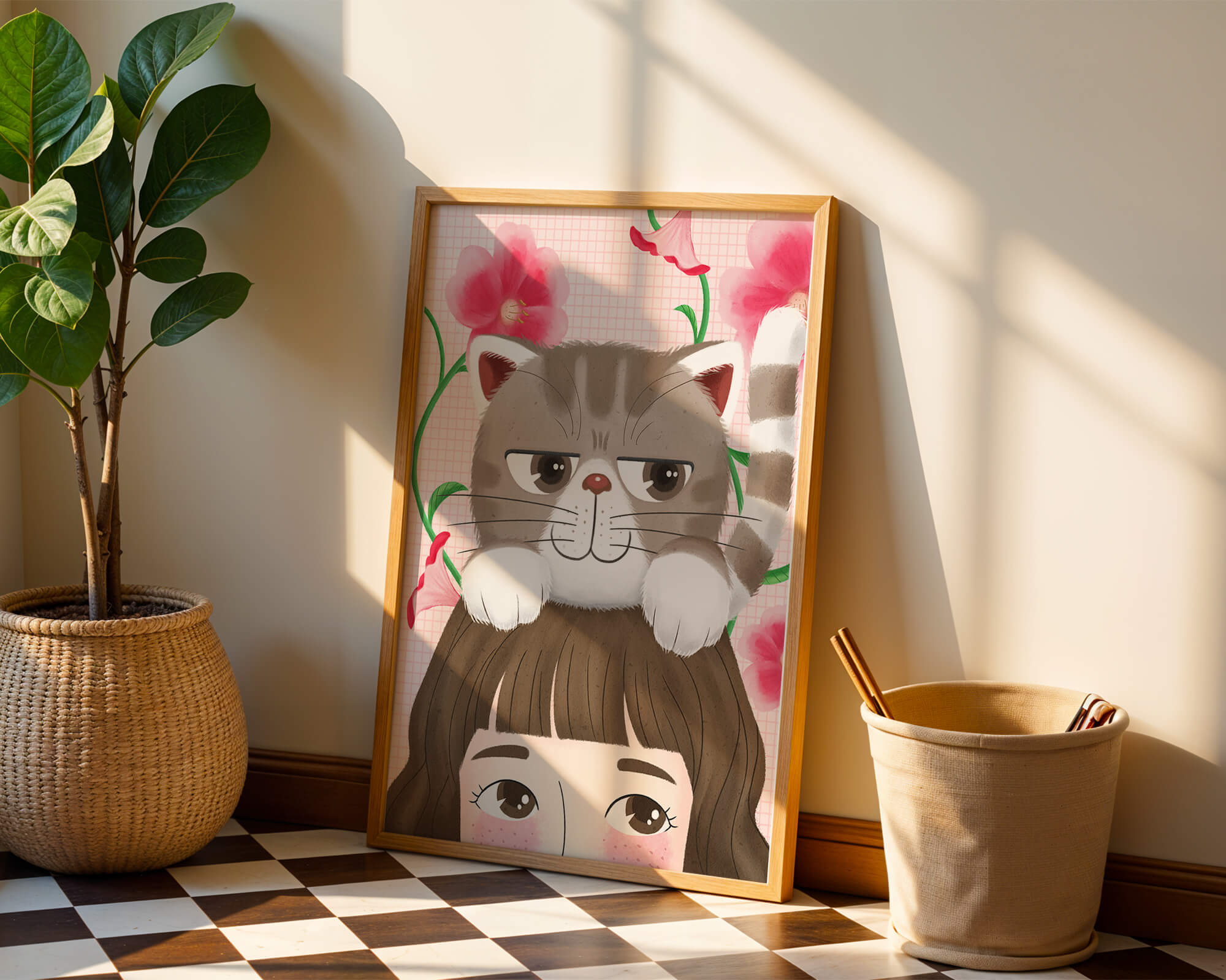 Illustration of a cat sitting on a person's head with pink flowers