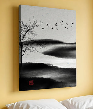 Minimalist Landscape with Silhouetted Tree and Birds