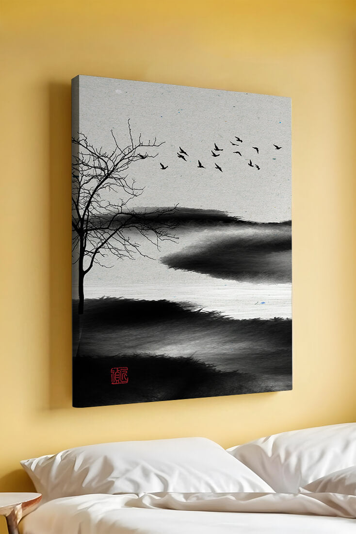 Paisaje minimalista con siluetas de árboles y pájaros