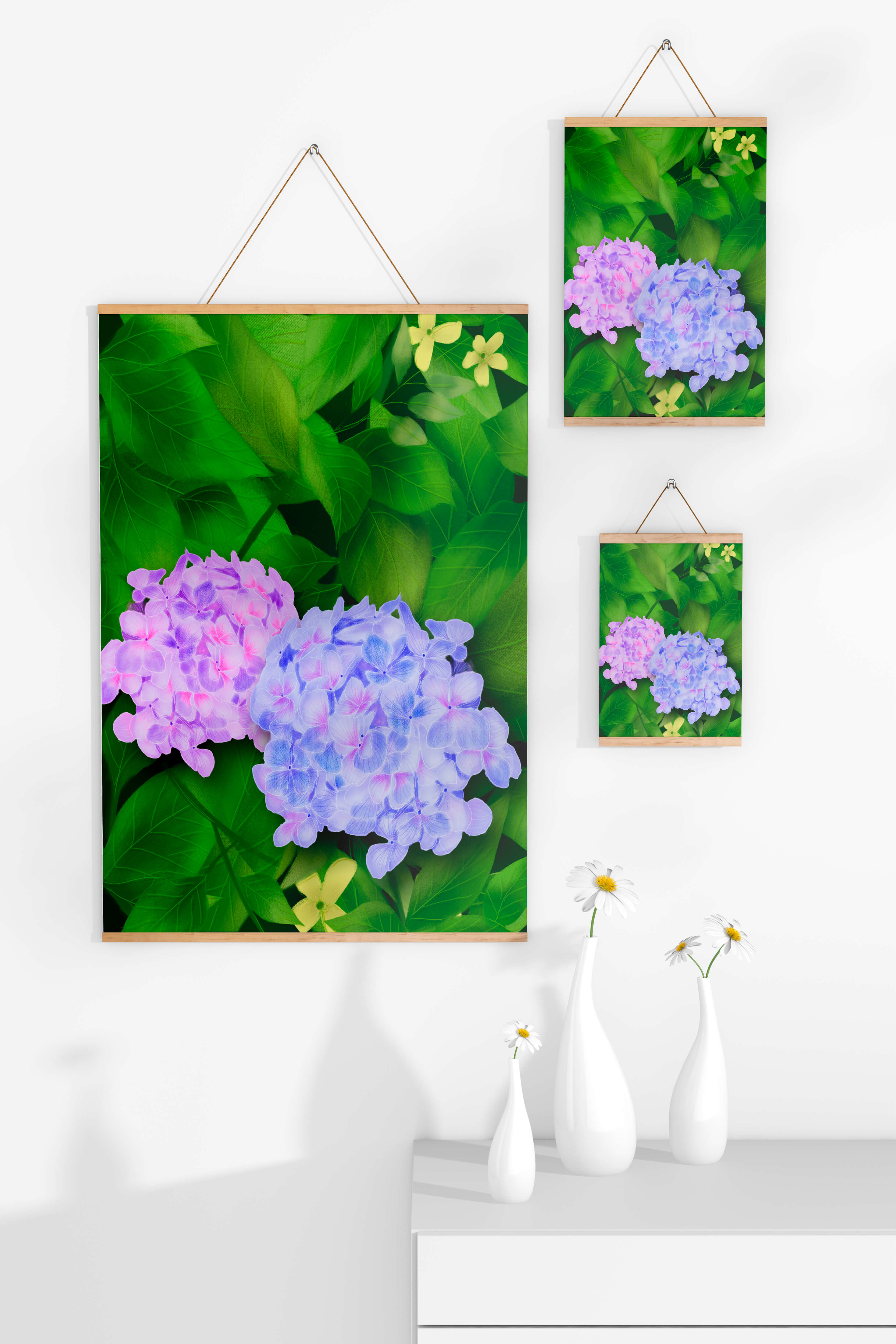 Delicate hydrangeas with lush green leaves in a vibrant botanical scene