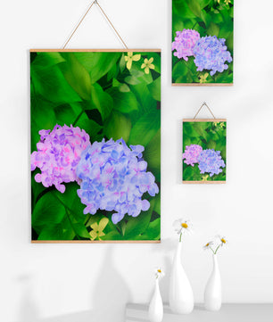 Delicate hydrangeas with lush green leaves in a vibrant botanical scene