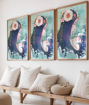 Illustration of a serene woman with floral crown and ocean waves