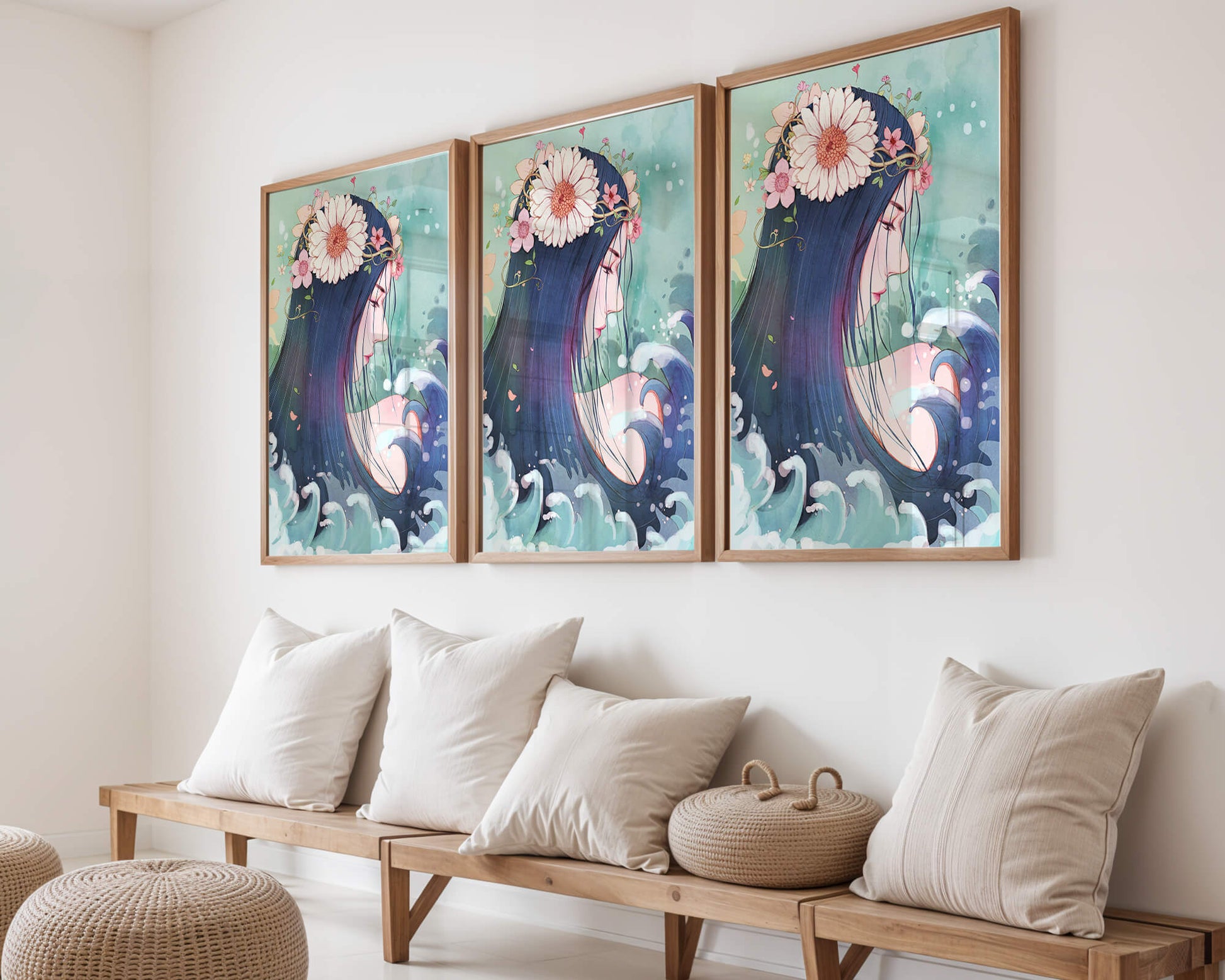 Illustration of a serene woman with floral crown and ocean waves