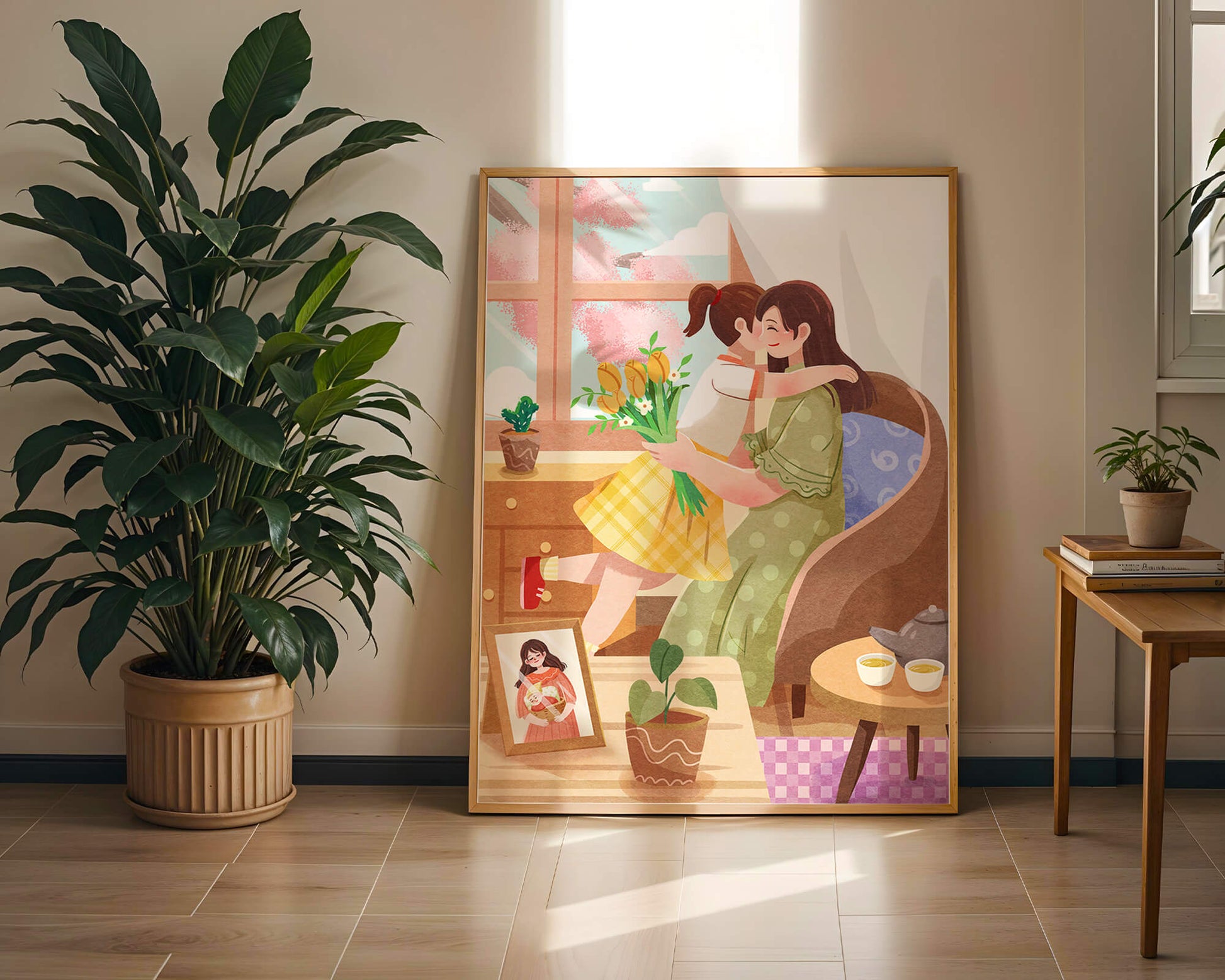Cozy living room scene with mother and daughter hugging near window