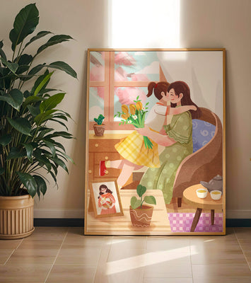 Cozy living room scene with mother and daughter hugging near window