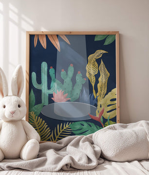 Ilustración botánica colorida con cactus y hojas tropicales