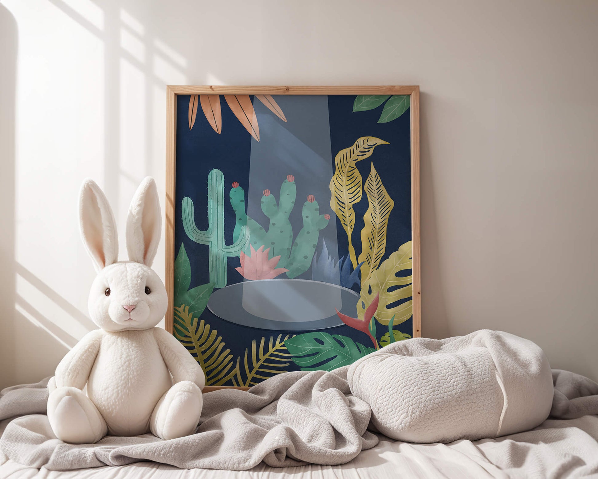 Colorful botanical illustration featuring cacti and tropical leaves