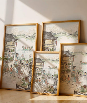 傳統的中國市場場景與河上龍舟