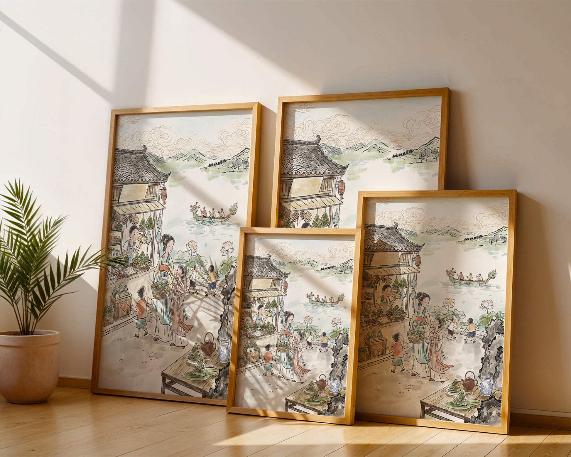Traditional Chinese Market Scene with Dragon Boat on River