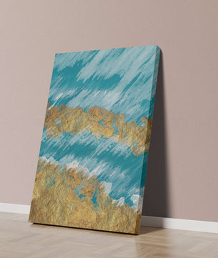 Pintura abstracta con textura dorada y fondo azul