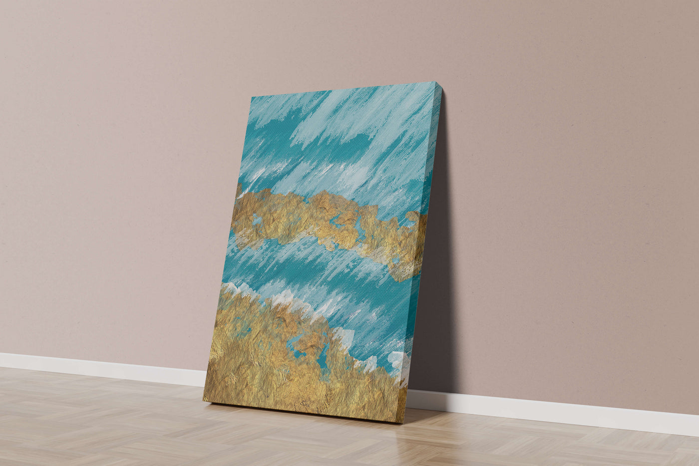 Abstract painting with gold texture and blue background